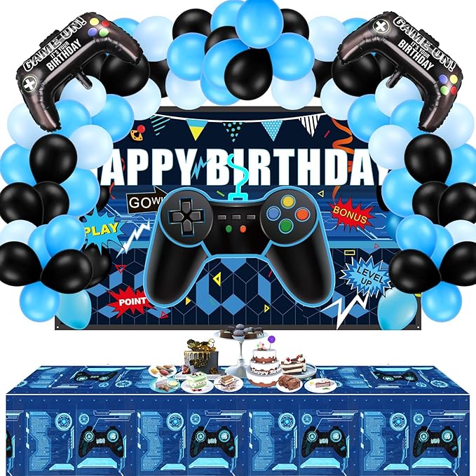 Skylety 34 Pieces Gamer Birthday Decorations Video Game Party Supplies Set Including Happy Birthday Gamer Backdrop, Table Covers, Multi-color Balloons and Foil Balloons for Game Party Decoration
