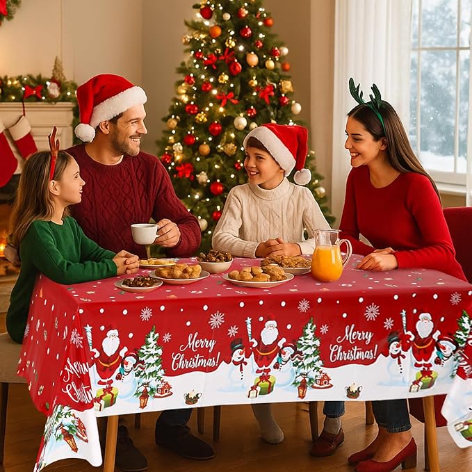 Staraise 3PCS Christmas Tablecloth, Red Rectangular Plastic Christmas Tablecloth, Winter Snowflake Snowman and Santa Claus Disposable Table Cover for Party Picnic Dinner Decor, 51.2X 86.6inch