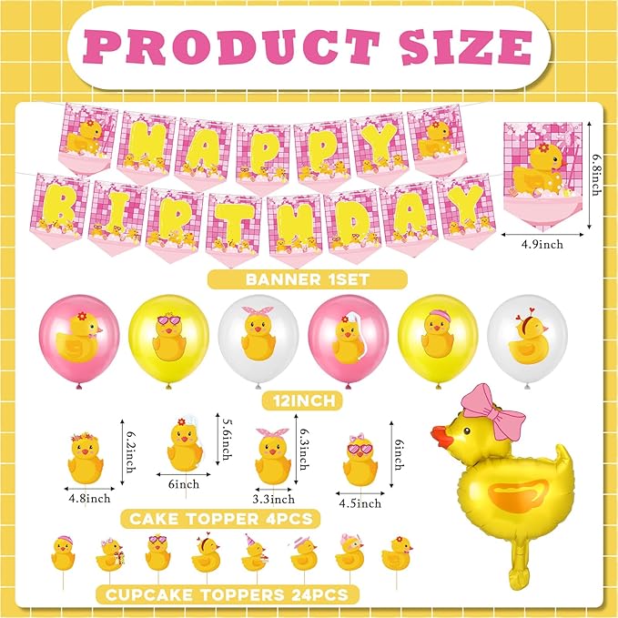 Leitee 57 Pcs Pink Duck Birthday Decorations Balloons Party Happy Birthday Banner Cake Topper Cupcake Toppers Rubber Duck Decor for Birthdays Party Supplies