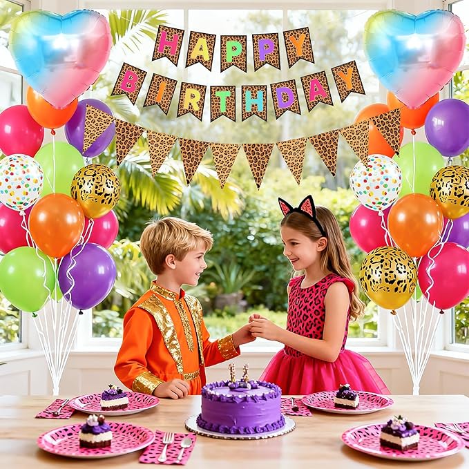 Leopard Print Happy Birthday Decorations, Gold Cheetah Print Animal Balloons Rainbow Heart Balloon with Birthday Banner for Safari Wild Birthday Baby Shower Jungle Zoo Theme Party Supplies