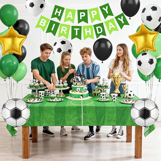 Soccer Birthday Party Decorations for Boys, Soccer Party Decorations with Green Black White Balloons 'HAPPY BIRTHDAY' Banner Cake Toppers Star Foil Balloons for Boys Men Birthday Decor