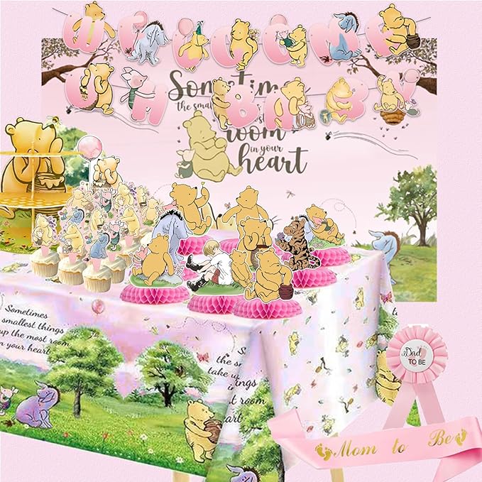 Pink Classic Winnie Baby Shower Decorations Kit, All-in-1 Vintage Winnie Party Supplies Decorations, Classic The Pooh Backdrop Cake Topper, Winnie Baby Tablecloth Honeycomb Decorations for Baby Shower
