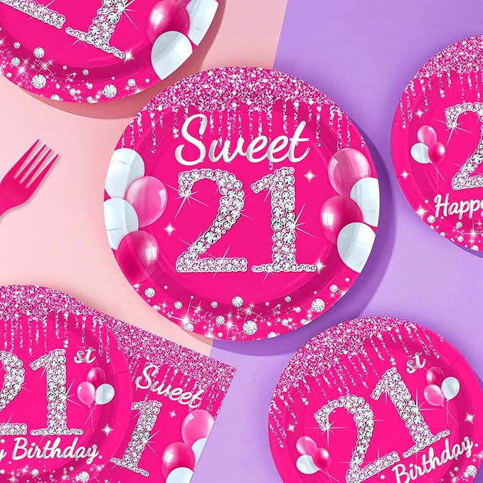 96Pcs 21st Birthday Party Supplies 350 GSM Hot Pink Sweet 21 Plates and Napkins Tableware Sets Happy 21st Birthday Decorations for Girls Women Finally Legal 21 Years Old Party Favors, Serves 24