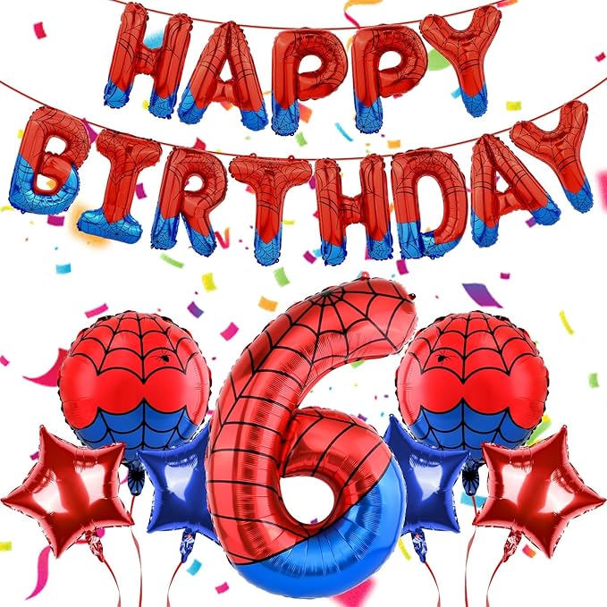Spider Themed Happy Birthday Banner Party Decorations Set Including 40 Inch Number 6 Foil Balloons, Themed Party Essentials, Colorful Superhero Backdrop Supplies for Boys Indoor Outdoor Celebration