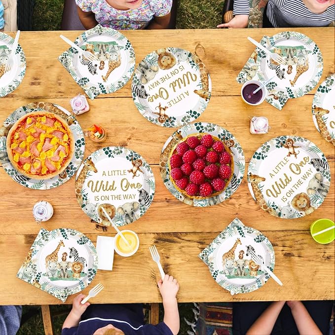 96 Pcs Jungle Safari Baby Shower Decorations Disposable A Little Wild One is on The Way Paper Plates and Napkins Jungle Safari Animals Tableware Set for Welcome Baby Shower Birthday Party Supplies