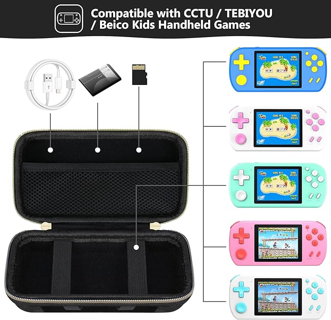 Supmay Carrying Case Compatible with CCTU / TEBIYOU Kids Handheld Games Preloaded 218 Retro Video Games, Portable Gaming Electronic Toys Storage Holder Travel Bag with Mesh Pocket, Black(Cube)