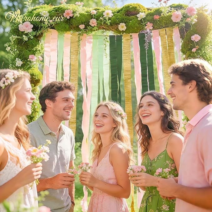 NICROHOME EUR Wedding Party Decorations, 8 Rolls Moss Sage Green Pink Crepe Paper Streamers for Boho Baby Shower, Wedding, Engagement Party, Spring Party, Birthday Party Supplies, 82 ft Long