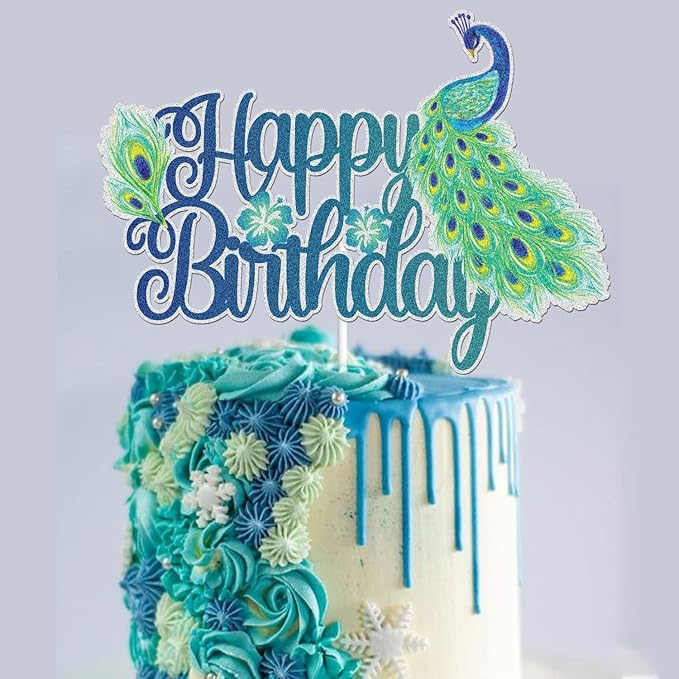 Peacock Happy Birthday Cake Topper Blue Colorful Glitter Peacock Zoo Animal Party Cake Decor Zoo Bird Theme Birthday Party Supplies for Kids Boys Girls