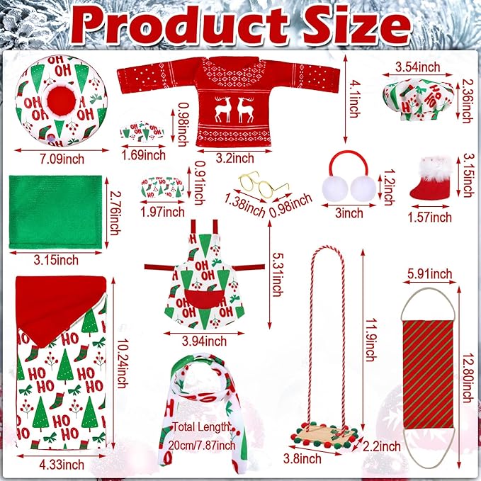 Kacctyen 12 Pcs Christmas Accessories Kits Include Christmas Doll Sleeping Bag Sweater Apron Chef Hat Scarf Earmuffs Eye Mask Snow Tube Mask Hammock for Doll Clothes Costume Outfits