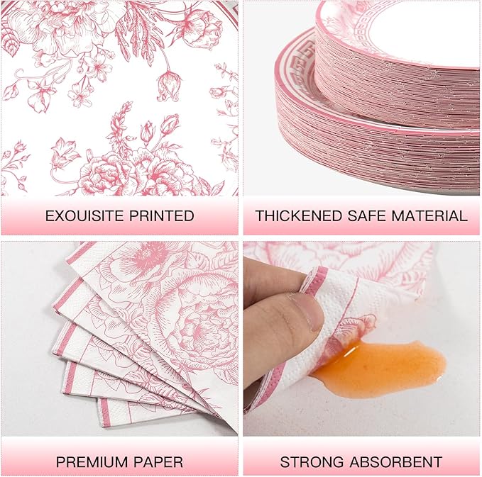 180PCS Pink White Floral Party Supplies Serve 60, Pink Flower Paper Plates and Napkins Kit for Bridal Baby Shower Wedding Tea Party Decorations, Includes Dinner and Dessert Plates, Napkins