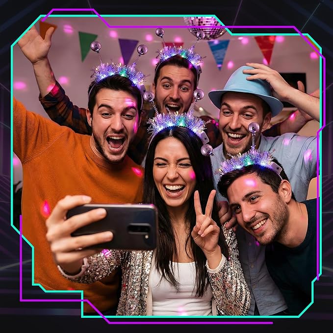 Juexica 6 Pack Disco Party Supplies, Silver LED Disco Headband for Glow Party Headwear Costume Accessories