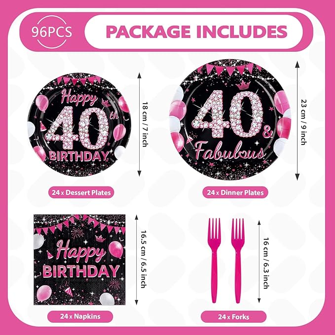 96Pcs 40th Birthday Party Supplies Black and Hot Pink Plates Forks and Napkins Diamond Sweet Theme Disposable Paper Tableware Set for Women 40 Year Old Birthday Party Supplies Serves 24