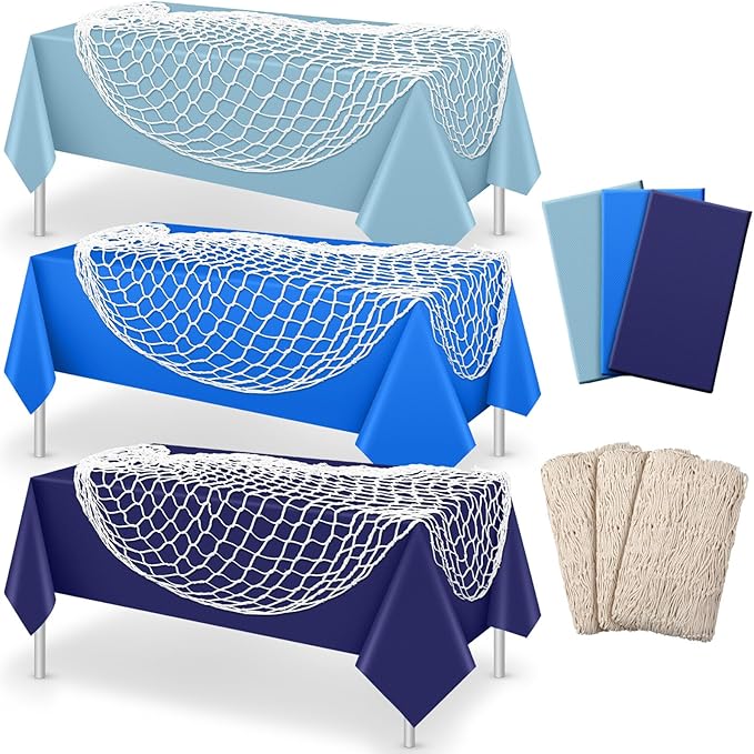 Unittype 6 Pcs Fish Net Decorative and Tablecloth Set, Cotton Fishnet and Plastic Table Cover Decorations Set for Nautical Themed Party Baby Shower Pirate Decorations Mermaid Party (Classic Color)