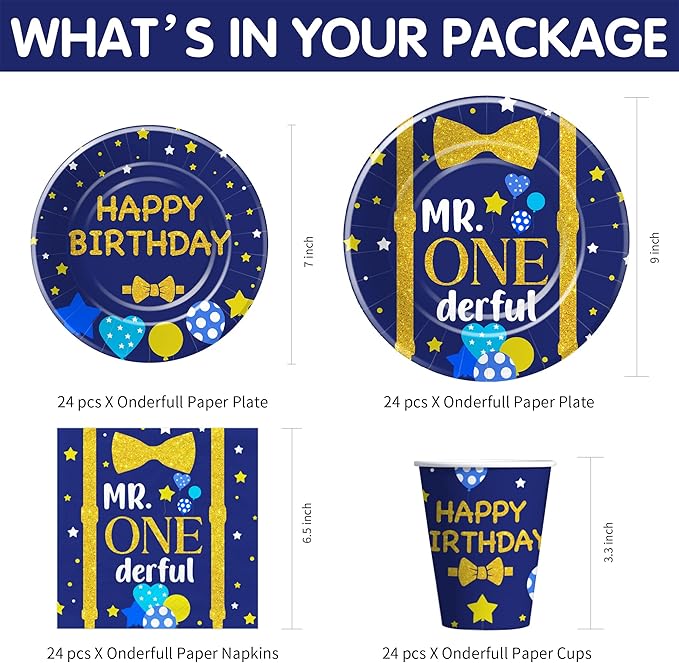 APOWBLS Mr Onederful First Birthday Decorations Tableware Boy, Baby Boy Onederful 1st Birthday Party Supplies, Paper Plate, Cup, Napkin, Tablecloth, Cutlery | Serves 24
