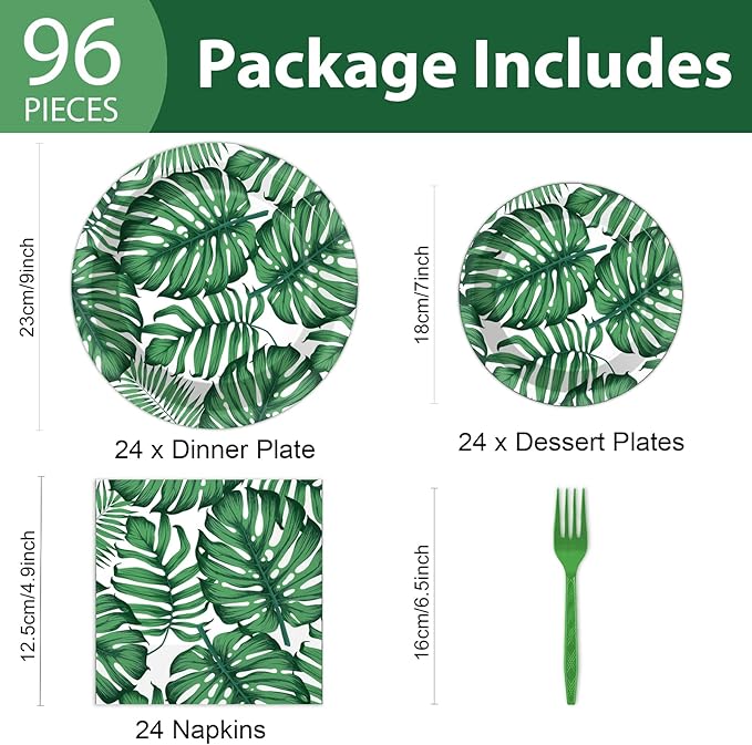 gisgfim 96 Pcs Hawaiian Luau Party Plates and Napkins Party Supplies Tropical Palm Leaf Tableware Set Summer Theme Party Decorations Favors for Birthday Baby Shower for 24 Guests