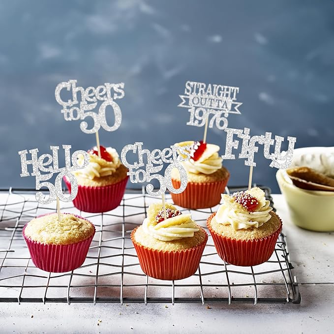 Ephlyn 24Pcs Happy 50th Birthday Cupcake Toppers Glitter Straight Outta 1976 Cupcake Picks Hello 50 Cheers to 50 Years Birthday Cake Decorations for 50th Birthday Anniversary Party Supplies Silver