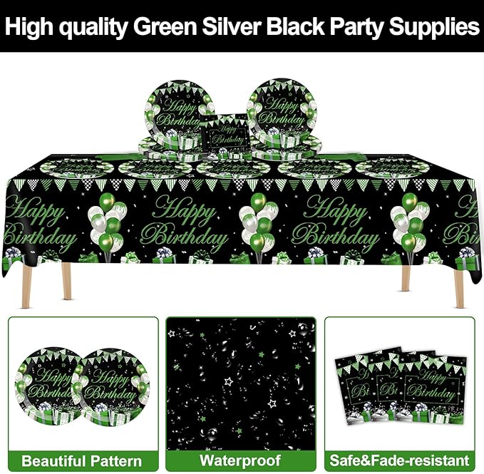 61 Pcs Green Silver Black Birthday Decorations Green Themed Party Tableware Set Confetti Sprinkles Decor Includes Plates Napkins Tablecloth for Men Women Dinner Gathering Supplies Serves 20 Guests