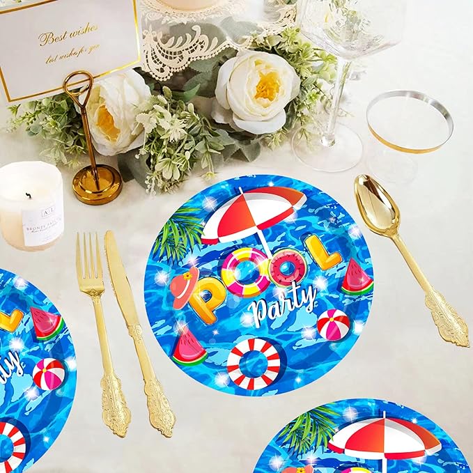 50 Pcs Pool Party Tableware Plates,Pool Party Supplies Beach Party Supplies,7"Summer Pool Party Paper Plates for Summer Beach Theme Pool Birthday Party Decorations