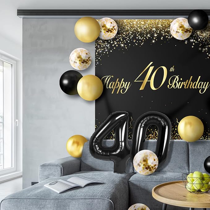 Happy 40th Birthday Balloons Black Set Decor - Cheers to 40 Years Old Party Theme Garland Banner Backdrop Decorations For Women and Men Supplies