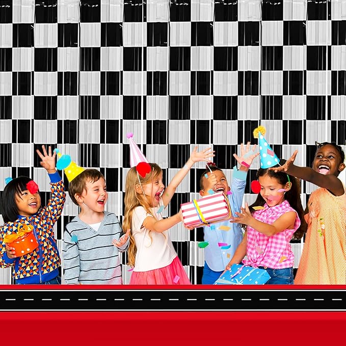 Race Car Foil Fringe Curtains Backdrop Birthday Party Decorations, 4 Pack 3.28 x 6.56 Ft Black White Foil Fringe Curtain Photo Booth Props Racing Car One Happy Dude Birthday Party Decorations