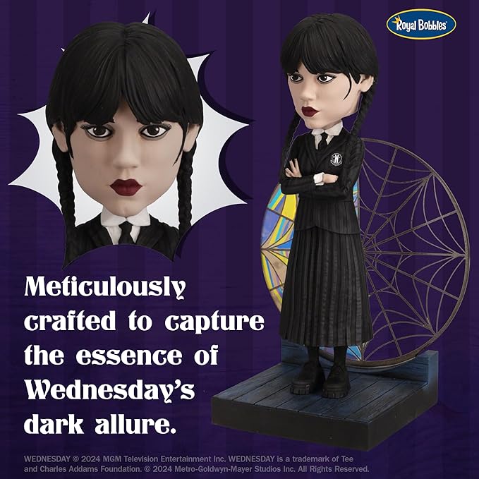 Royal Bobbles Wednesday Addams with Nevermore Academy Stained Glass Window – 6.75 Inches Tall – Collectible Bobblehead Statue