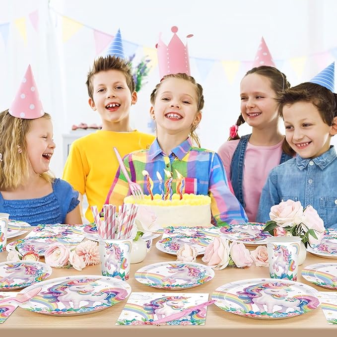 192pcs Unicorn Plates Napkins Unicorn Birthday Party Supplies Disposable Paper Cups Straw Tableware Set Pink Knives Forks Spoons Girls Birthday Party Decorations 24 Guests