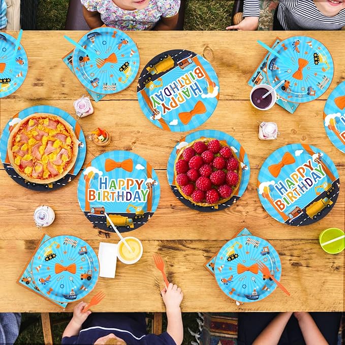 96 Pcs Blue Orange Cartoon Party Supplies Cartoon English Teacher Paper Plates Blue Orange Birthday Party Platter Tableware for Boy Girl Kids Teacher Back to School Themed Parties Decor Serves 24