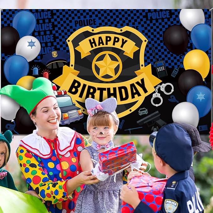 Irenare Police Happy Birthday Party Decorations Police Car Party Decor Supplies Large Badge Banner Backdrop Wall Birthday Party Wall Background Supplies Props 72. 8 x 43. 3 Inch