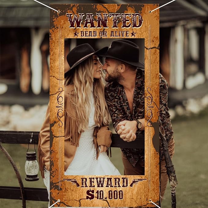 Large Western Wanted Poster Western Cowboy Party Decoration Wanted Photo Booth Frame Wild West Selfie Banner Backdrop for West Cowboy Birthday Party Retro Rustic Decoration Supplies (Brown)