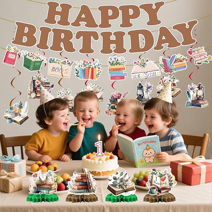 Book Birthday Party Decorations Banner - 15 Pcs One For The Books Birthday Theme Banner Garland Swirls Storybook Honeycomb Centerpieces Table Decor For Reading Library Club Book Party Supplies