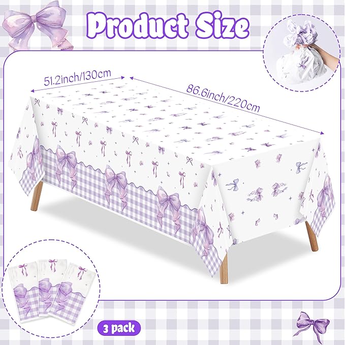 3Pcs Purple Bow Party Tablecloths - Purple Bow Knot Party Table Covers Decorations Rectangular Plastic Disposable Table Cloth Decor for Kids Girls Women Birthday Baby Shower Supplies