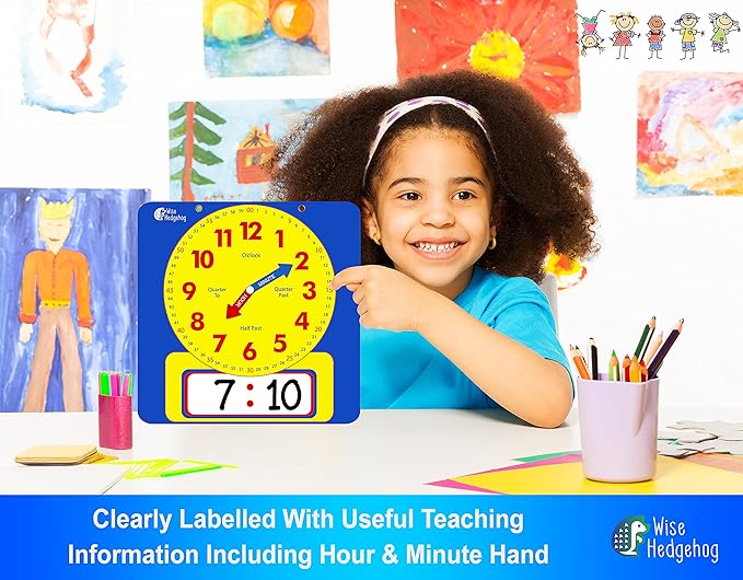 Large Dry Erase Magnetic Teaching Demonstration Clock, Kids Telling Time Learning Clock for Analog and Digital Time, Labelled Minute & Hour Hands, for School Classrooms & Homeschool Supplies