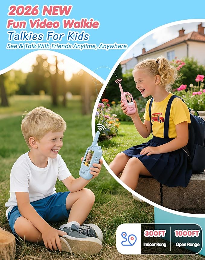 Video Walkie Talkies for Kids 2 PACK, Rechargeable Long Range Kids Walkie Talkie with HD Camera & Voice Changer Indoor Outdoor Camping & Christmas Birthday Gifts Toys for Boy Girl (Pink+Pink)