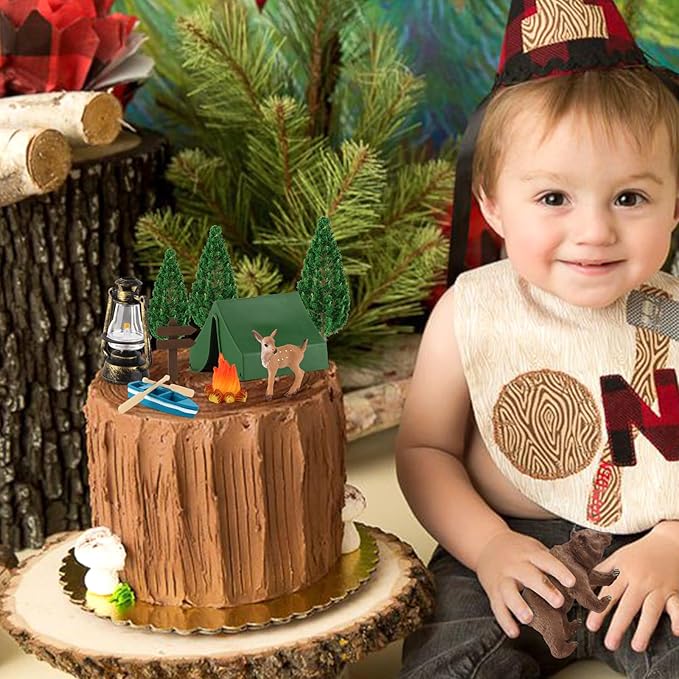 Hooqict 12 Pcs Camping Cake Decorations Set with Mini Tent, Campfire, Tree, Camp Sign, Safari Animals Camping Cake Toppers for Kids Adults Forest Themed Birthday Party Supplies
