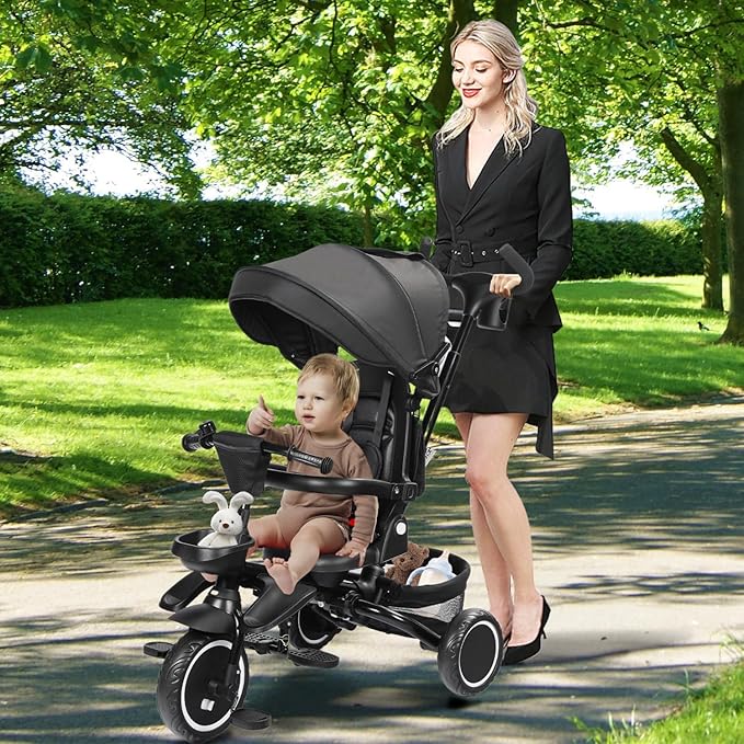 Folding Kids Tricycle, 8 in 1 Toddler Trike W/Removable & Adjustable Canopy, Parent Handle, 5-Piont Harness, Toddler Bike Tricycle for Kids 1-6 Years, EVA Wheels, Storage Basket, Black