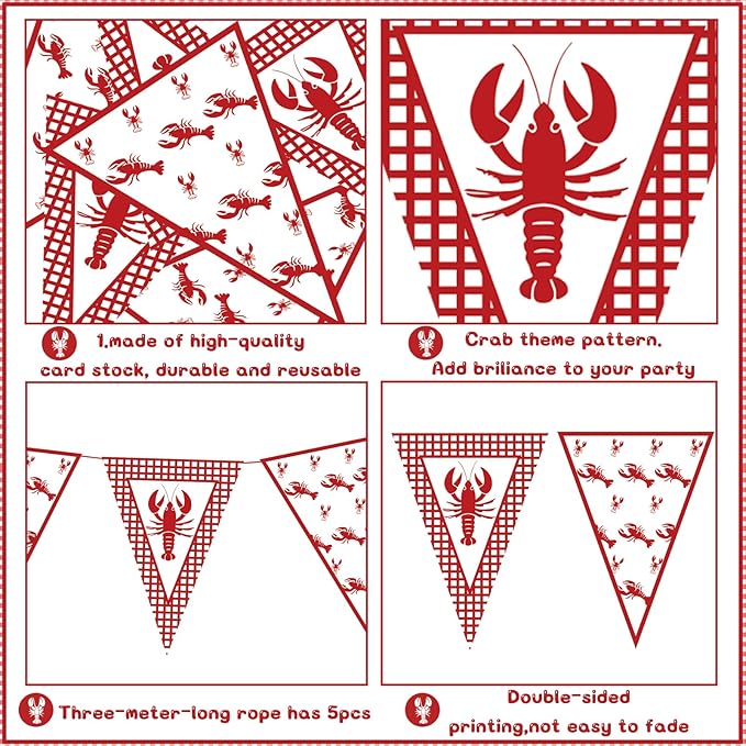 5 Pcs Crawfish Boil Party Decorations Crawfish Pennant Banner Shrimp Boil Pennant Flags Red Plaid Hanging Banner for Lobster Birthday Mardi Gras Summer Shrimp Seafood Boil Party Supplies