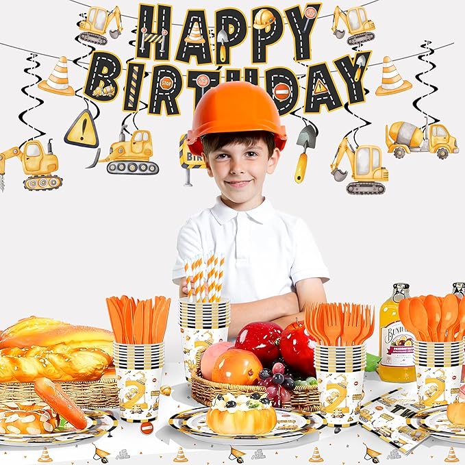 201pcs Construction 2nd Birthday Party Decorations 2nd Plates Napkins Tableware Set Disposable Paper Cup Banner Hanging Swirl Tablecloth for Boys Construction Two Years Old Party Supplies Serves 24