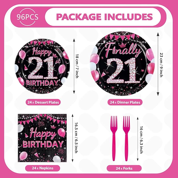 96Pcs 21st Birthday Party Supplies Black and Hot Pink Plates Forks and Napkins Diamond Finally 21 Disposable Paper Tableware Set for Girls 21 Year Old Birthday Party Supplies Serves 24
