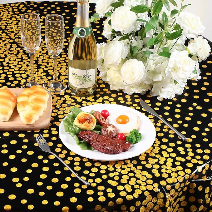 VitalCozy Round Dot Tablecloth 84 Inch Plastic Table Cover Polka Dot Confetti Tablecloths for Easter 2026 Graduation Prom Wedding Birthday Spring Party Supplies(Black and Gold,3 Pcs)