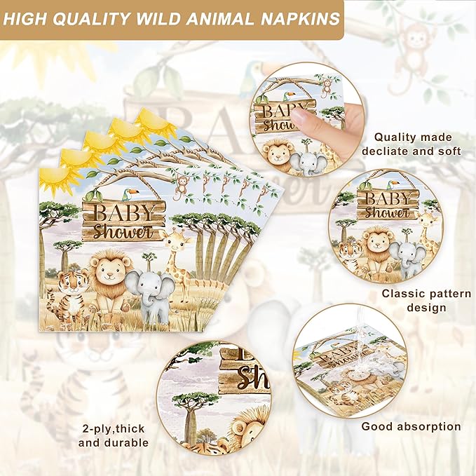 120 Pcs Safari Baby Shower Decorations Jungle Disposable Paper Plates Napkins Cups Themed Party Decorations Wild Animal Party Supplies
