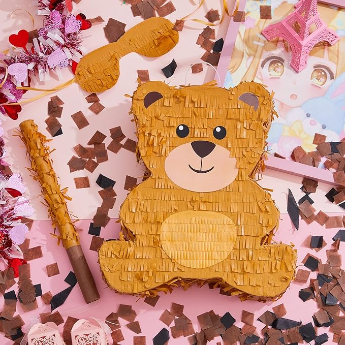 Lewtemi 14.5 Inch Bear Piñata Bear Themed Birthday Party Supplies Animal Piñata with Wood Bat Stick, Paper Blindfold and Confetti for Valentine Baby Shower Party Decor Kid Adult Boy Girl