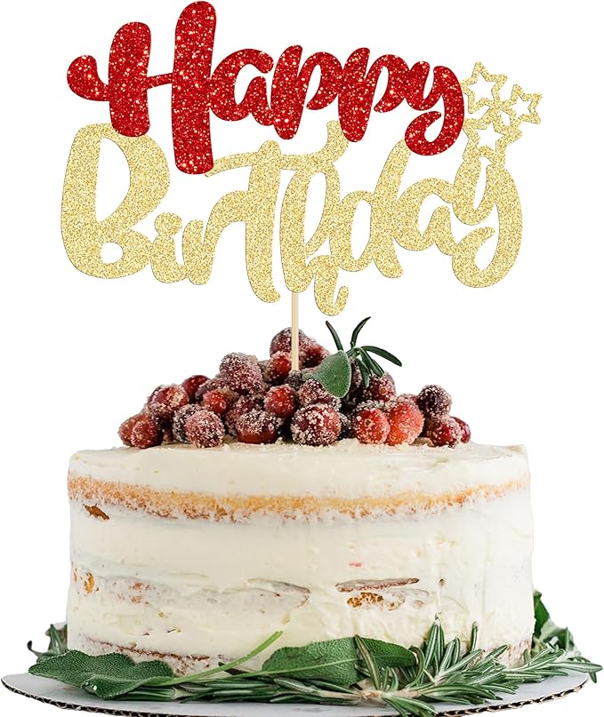 Ephlyn 1Pcs Happy Birthday Cake Topper Glitter Happy Birthday Cake Pick for Christmas Theme Baby Shower Anniversary Party Decorations Supplies Red Gold