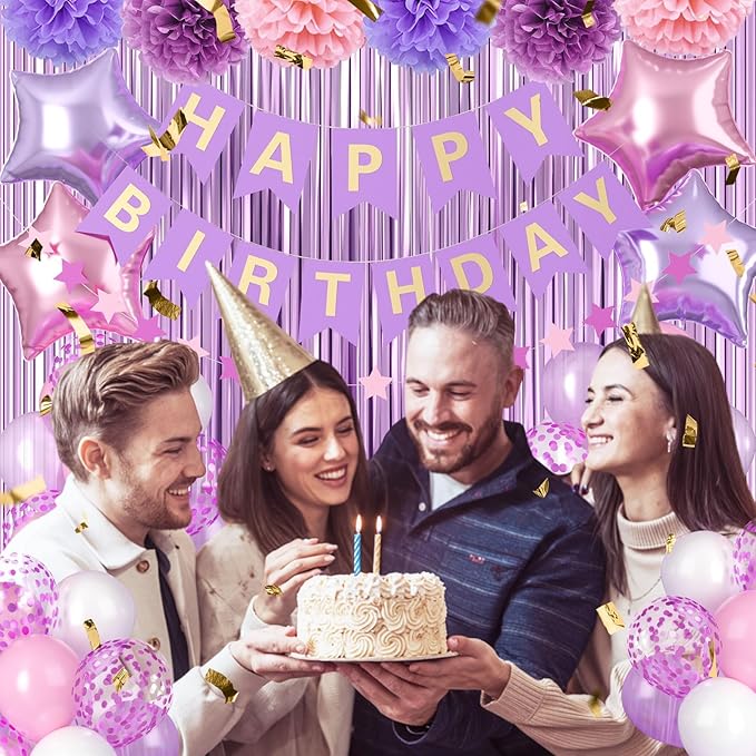 Purple Pink Birthday Decorations,Princess Party Decorations for Women Girls with Pink Purple Balloons Happy Birthday Banner Fringe Curtain Tissue Pompoms Star Garland