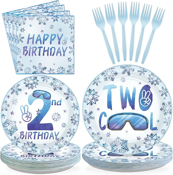 96Pcs Winter 2nd Birthday Decorations Two Cool Plates and Napkins Snowflake Ski Theme Birthday Decoration Favors for Kids Boy Winter Wonderland Frozen Theme Two Years Old Bday Party Supplies Serves 24