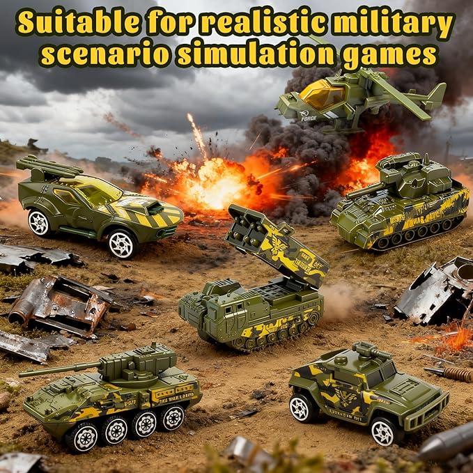 6 Pack Diecast Military Vehicles Truck Set, 1:64 Scale Army Vehicles Kids Toy Cars with Trucks, Tank, Panzer, Anti-Air Vehicle, Helicopter, Mini Toy Car for Kids 3 4 5 6 Years