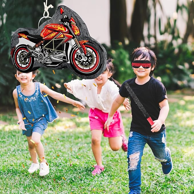 Hooqict Motorcycle Birthday Decorations Motorcycle Car Pinata with Pinata Stick & Blindfold for Kids Boys Racing Car Theme Birthday Party Supplies Decorations