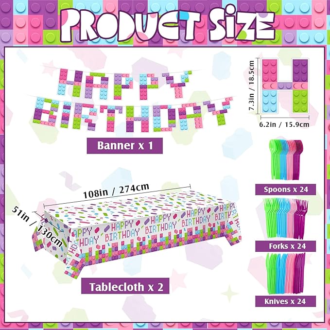 Gejoy 171 Pcs Building Block Birthday Party Supplies Tableware Kit Include Plates Cups Knives Forks Spoons Napkins Tablecloths Banner for Girls Birthday Party Decoration Serve 24 Guest (Sweet Color)