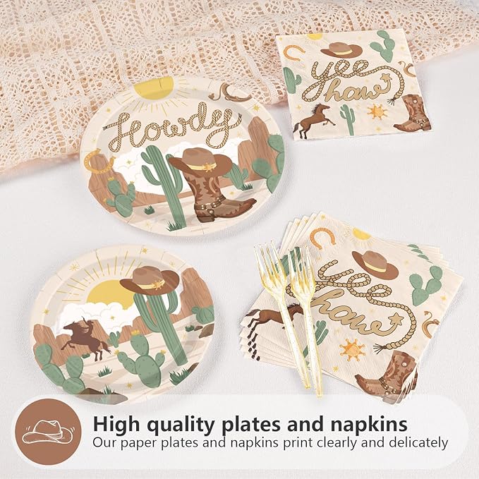96 Pcs Western Rodeo Party Supplies 350 GSM Western Cowboy Plates and Napkins Howdy Cowgirl Tableware Set for Yeehaw Western Wild West Theme Birthday Party Decorations Baby Shower Favors Serves 24