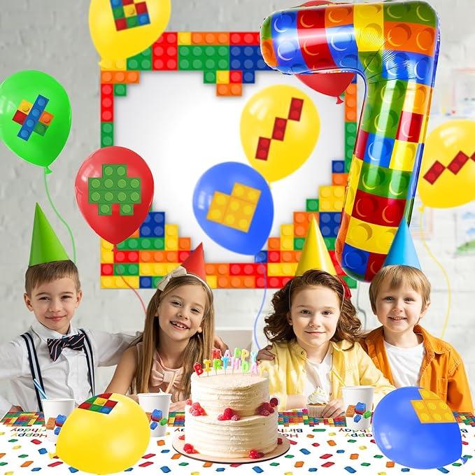 40 Inch Building Block Number Balloon, Colorful Number Block Foil Balloons Large Big Numbers Helium Balloon for Girls Boys 7th Birthday Brick Theme Party Decorations (Number 7)