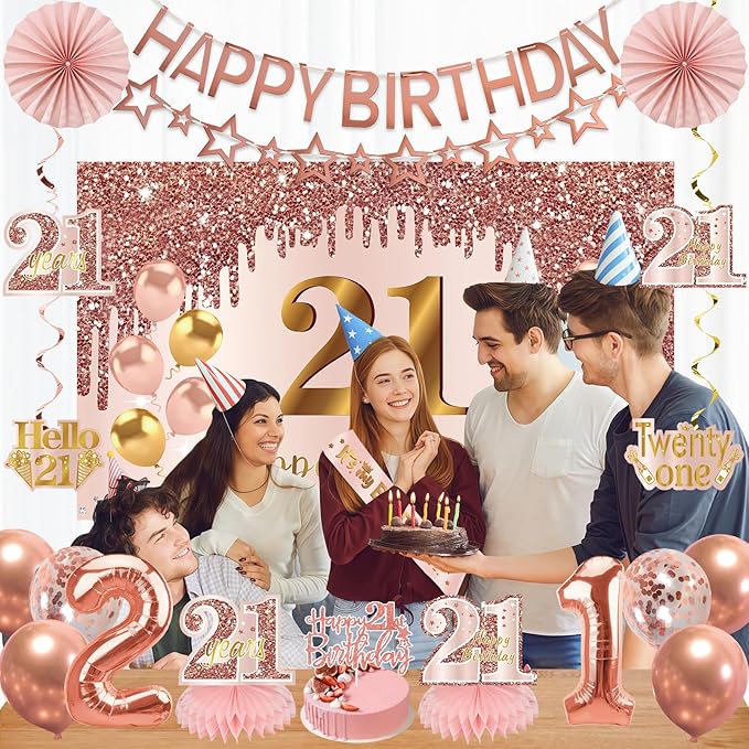21st Birthday Decorations for Girls, Pink Rose Gold Happy 21 years old Birthday Banner Backdrop Balloons Sash Table Cake Topper Honeycomb Centerpieces Hanging Swirls Paper Fans Party Supplies